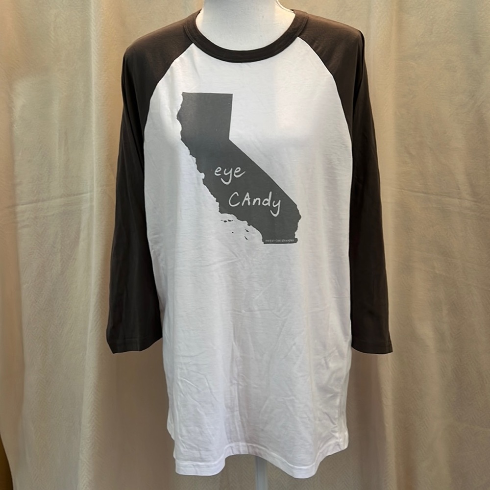Megan-Lee Designs/ Canvas“🍬Eye Candy, CA” Raglan Gray/White Shirt. Size L. NWOT